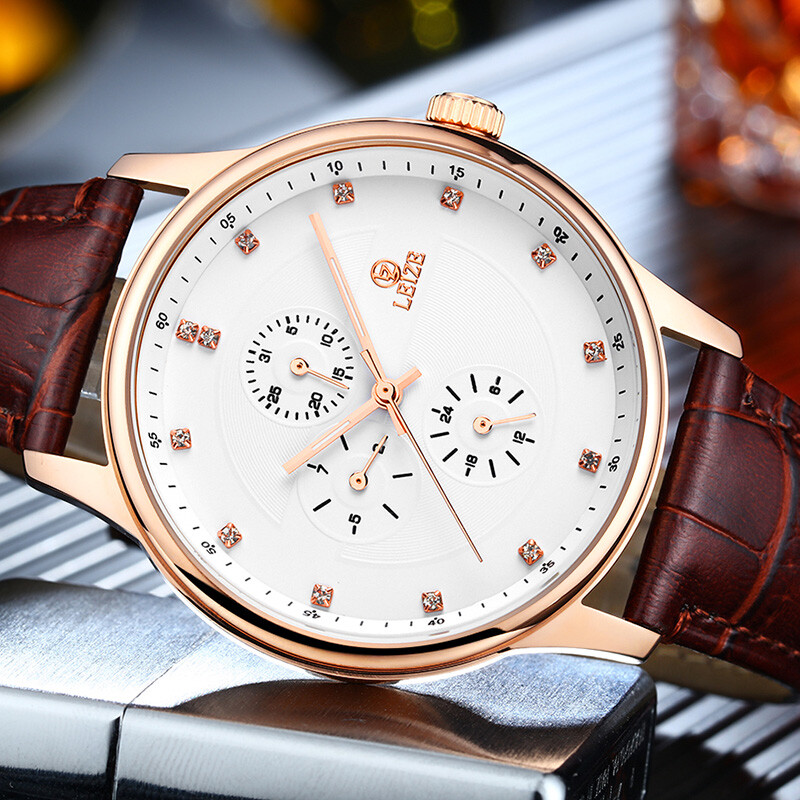 雷泽朗迪系列 玫瑰金白面棕皮带男士运动腕表，时尚与功能兼备